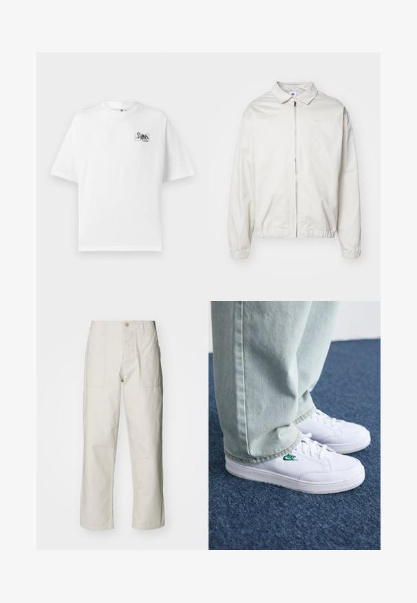 Chaqueta blanca y ligera de Nike con cuello tipo camisa, cremallera frontal, puños elásticos y un pequeño logotipo en el lado izquierdo del pecho. Textura suave.; Camiseta de algodón blanca con un corte relajado, que presenta un pequeño gráfico negro de montaña y un diseño de sol en el área del pecho izquierdo.; Pantalones de pierna ancha color beige claro, hechos de algodón. Cuentan con bolsillos frontales y cierre de botón. Textura suave con sutiles líneas verticales.; Zapatillas de cuero blanco con logo de Nike verde, puntera redonda, suela plana, combinadas con pantalones de mezclilla azul claro, sobre una alfombra azul.