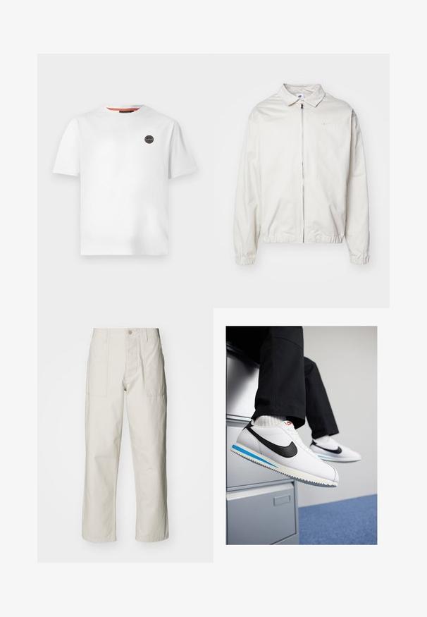 Giacca Nike bianca, leggera, con colletto, zip frontale, polsini elasticizzati e un piccolo logo sul lato sinistro del petto. Texture liscia.; T-shirt bianco in cotone con maniche corte e scollo rotondo. Presenta un patch logo circolare sul lato sinistro del petto.; Pantaloni a gamba larga beige chiaro in cotone. Presentano tasche frontali e chiusura con bottone. Tessuto liscio con sottili linee verticali.; Sneakers in pelle bianca con uno swoosh Nike nero, suola in gomma leggera blu e grigia, e un classico design con lacci. I piedi poggiano su un armadietto.