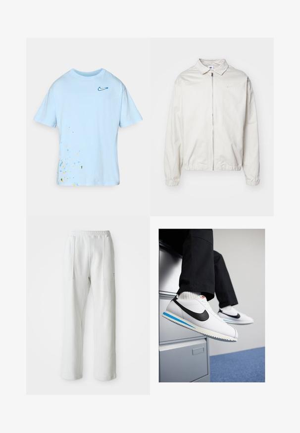 Bela, lahka Nike jakna z ovratnikom, sprednjim zadrgo, elastičnimi manšetami in majhnim logotipom na levem prsnem delu. Gladka tekstura.; Svetlo modra bombažna majica s kratkimi rokavi, z modrim logotipom Nike in večbarvnim madežem na spodnjem levem robu.; Bele udobne hlače z elastiko v pasu in velikima sprednjima žepoma, prikazane na enostavni svetli podlagi.; Bele usnjene teniske z črnim Nikeovim simbolom, svetlo modrim in sivo gumijastim podplatom ter klasičnim vezalnim dizajnom. Noge so poležane na omarici za dokumente.
