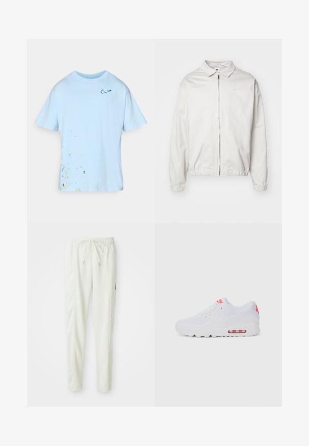 Chaqueta blanca y ligera de Nike con cuello tipo camisa, cremallera frontal, puños elásticos y un pequeño logotipo en el lado izquierdo del pecho. Textura suave.; Camiseta de algodón azul claro con mangas cortas, que presenta un logo azul de Nike y un diseño de salpicaduras multicolores en la parte inferior izquierda.; Pantalones jogger ajustados blancos con cintura elástica y cordón, que presentan detalles en las costuras laterales y un pequeño parche negro en la pierna derecha.; Zapatilla deportiva blanca con una parte superior lisa, cierre de cordones, suela acolchada y una unidad de aire visible con acentos rojos en la marca.