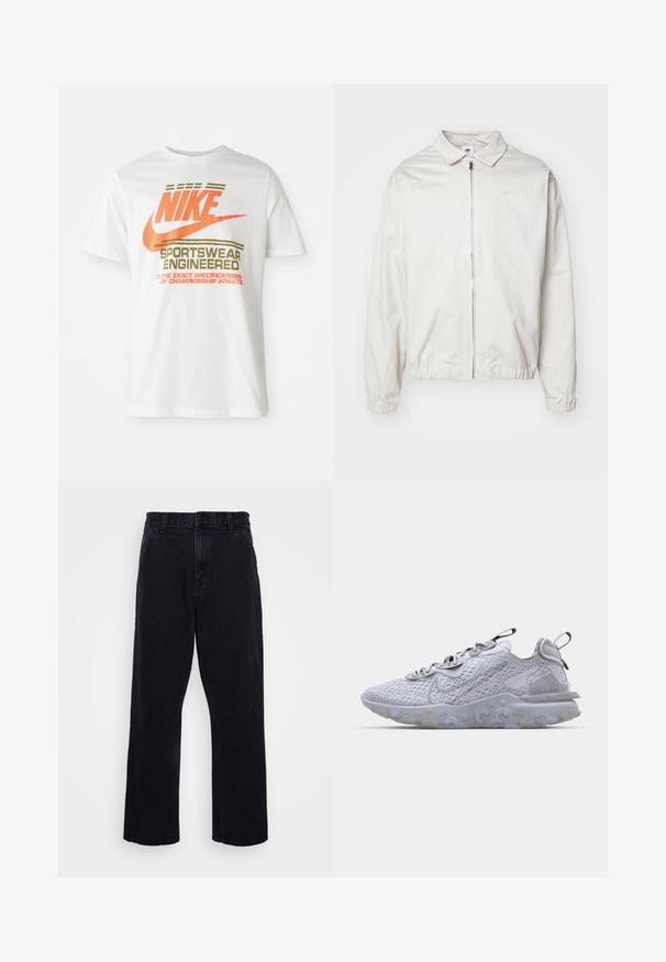 Casaco Nike branco e leve, com gola, fecho frontal, punhos elásticos e um pequeno logótipo no lado esquerdo do peito. Textura suave.; T-shirt de algodão branca com um grande logótipo laranja "NIKE" e texto verde que diz "SPORTSWEAR ENGINEERED" e especificações adicionais.; Calças de denim pretas com um design de perna reta, apresentando um fecho de botão e zíper, passantes para cinto e detalhes de costura mínimos.; Shoe atlético cinza claro com um cabedal em malha respirável, sola de borracha texturizada e detalhes refletivos. Apresenta um colarinho almofadado e um design de atacadores.
