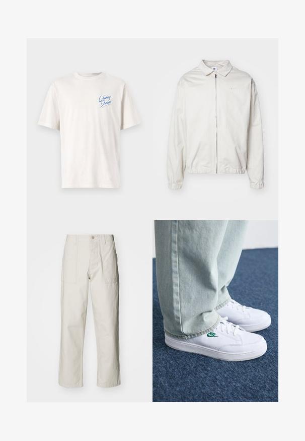White, lightweight Nike jacket with a collared neckline, front zipper, elastic cuffs, and a small logo on the left chest. Smooth texture.; Light beige t-shirt made of cotton, featuring short sleeves and a round neck. "Chasing Dreams" printed in blue on the left chest.; Light beige wide-leg pants made of cotton. Features front pockets and a button closure. Smooth texture with subtle vertical lines.; White leather sneakers with green Nike logo, round toe, flat sole, paired with light blue denim pants, shown on a blue carpet.