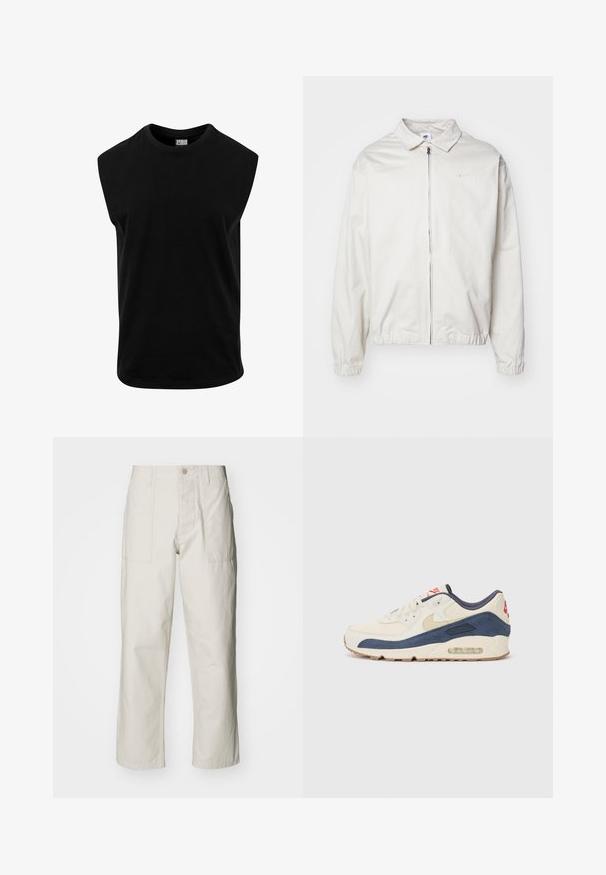 Balta, lengva Nike striukė su apykakle, priekiniais užtrauktuku, elastingomis rankogaliais ir maža logotipu kairiajame krūtinės kampe. Lygus paviršius.; Juodas be rankovių marškinėlis pagamintas iš medvilnės, su apvalia iškirpte ir lygiu paviršiumi, tiesiu kirpimu. Nėra matomų raštų.; Šviesiai pilki plačius kelnes, pagamintas iš medvilnės. Yra priekinės kišenės ir mygtuko uždarymas. Lygus paviršius su subtiliomis vertikaliomis linijomis.; Bėgimo bateliai su kreminės odos ir tamsiai mėlyno zomšo viršutine dalimi, turintys matomą oro padą, smėlio spalvos guminiu padu ir raudonu akcentu ant kulno.