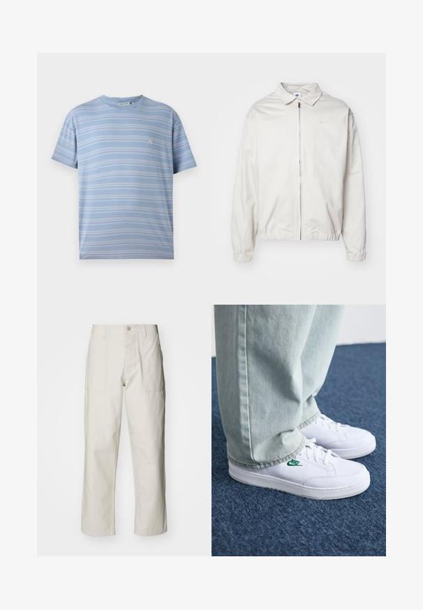 Balta, lengva Nike striukė su apykakle, priekiniais užtrauktuku, elastingomis rankogaliais ir maža logotipu kairiajame krūtinės kampe. Lygus paviršius.; Šviesiai mėlynas dryžuotas marškinėlis su baltomis horizontaliomis juostelėmis, apvaliu kaklu ir mažuoju rožiniu logotipu kairėje krūtinės pusėje. Minkšta medvilninė medžiaga.; Šviesiai pilki plačius kelnes, pagamintas iš medvilnės. Yra priekinės kišenės ir mygtuko uždarymas. Lygus paviršius su subtiliomis vertikaliomis linijomis.; Balti odiniai sportbačiai su žaliu Nike logotipu, apvalia nosimi, plokščiu padu, derinami su šviesiai mėlynomis džinsinėmis kelnėmis, rodomi ant mėlynos kiliminės dangos.