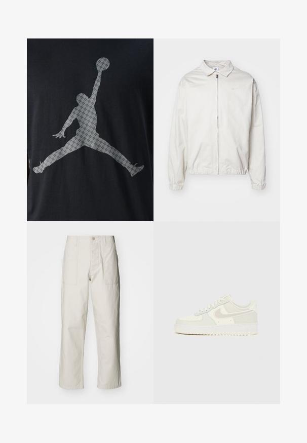 Casaco Nike branco e leve, com gola, fecho frontal, punhos elásticos e um pequeno logótipo no lado esquerdo do peito. Textura suave.; T-shirt preta com uma grande silhueta cinzenta de uma figura a saltar segurando uma bola de basquete, com um padrão texturizado por todo o design.; Calças largas em bege claro, feitas de algodão. Apresentam bolsos frontais e fecho com botão. Textura suave com linhas verticais subtis.; Ténis Nike Air Force 1 brancos com parte superior em pele lisa, detalhes cinza claro, perfurações no bico e sola de borracha texturada.