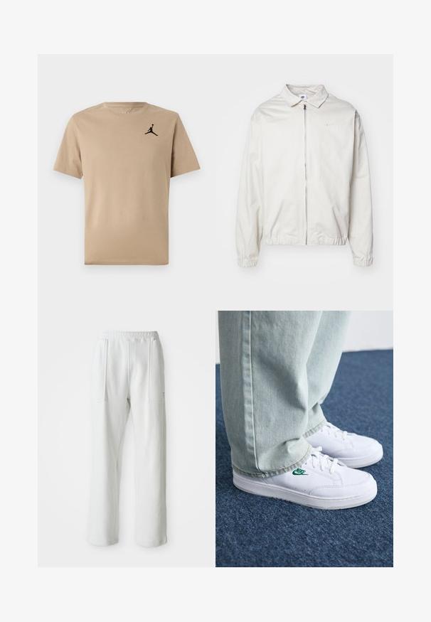 White, lightweight Nike jacket with a collared neckline, front zipper, elastic cuffs, and a small logo on the left chest. Smooth texture.; Beige cotton t-shirt with short sleeves, featuring a black Jumpman logo on the left chest. Simple round neckline and straight hem.; White casual pants with an elastic waistband and large front patch pockets, displayed on a plain light background.; White leather sneakers with green Nike logo, round toe, flat sole, paired with light blue denim pants, shown on a blue carpet.