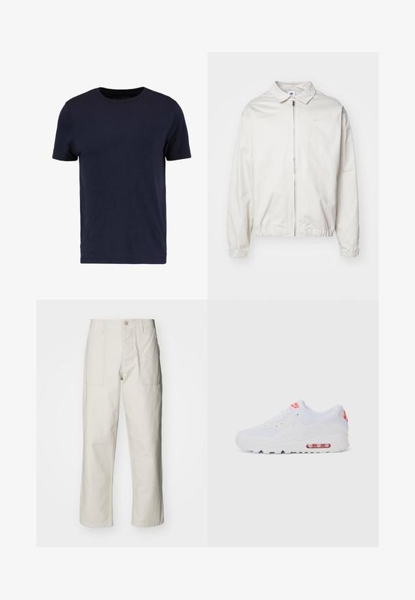 White, lightweight Nike jacket with a collared neckline, front zipper, elastic cuffs, and a small logo on the left chest. Smooth texture.; Pier One Basic T-shirt - dark blue; Light beige wide-leg pants made of cotton. Features front pockets and a button closure. Smooth texture with subtle vertical lines.; White athletic sneaker featuring a smooth upper, lace closure, cushioned sole, and a visible air unit with red accents on the branding.