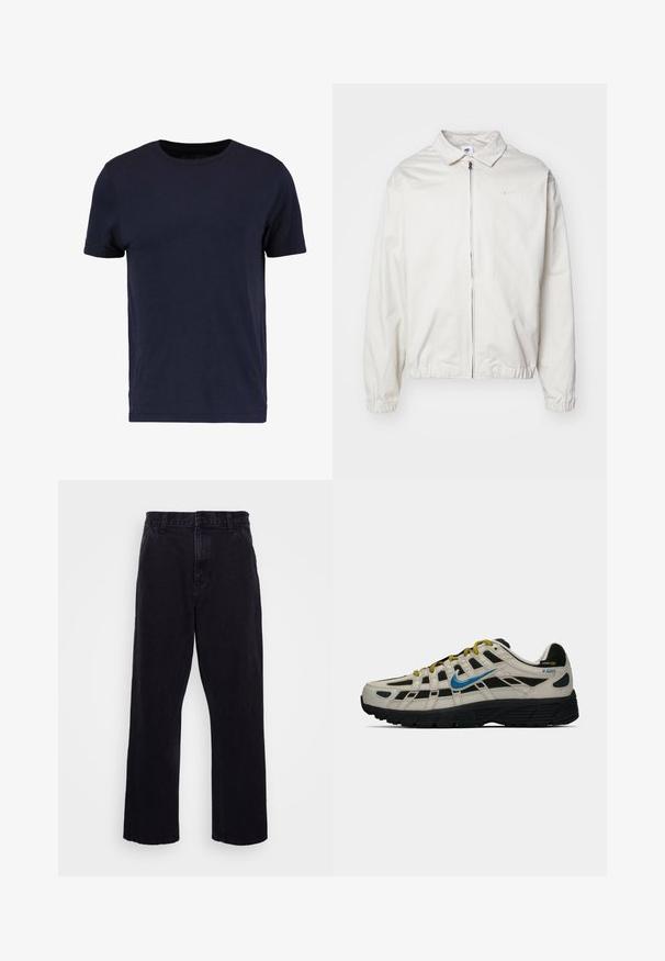 Balta, lengva Nike striukė su apykakle, priekiniais užtrauktuku, elastingomis rankogaliais ir maža logotipu kairiajame krūtinės kampe. Lygus paviršius.; Pier One Paprasti marškinėliai - dark blue; Juodi džinsiniai kelnių modeliai su tiesia kojų forma, turintys sagą ir užtrauktuką, diržo kilpos ir minimalūs siuvimo detalės.; Bežiniai ir juodi Nike P-6000 sportbačiai su mėlynu swoosh, geltonomis raištelėmis, juodu padu ir Cordura audinio etikete ant kulno.