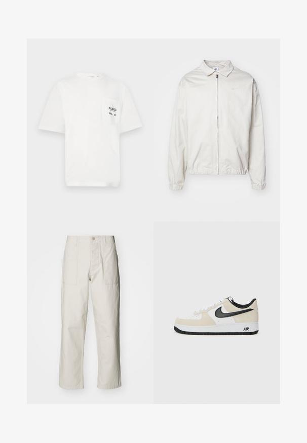 Hvit, lett Nike-jakke med kragehals, glidelås foran, elastiske mansjetter og en liten logo på venstre bryst. Glatt tekstur.; Hvit bomull T-skjorte med rund hals, korte ermer og venstre brystlomme med "ODESSA"-tekst og rutete detaljer.; Lyse beige vide bukser laget av bomull. Har frontlommer og knappelukking. Jevn tekstur med subtile vertikale linjer.; Sneakers med lys beige semsket skinn og hvit skinn-overdel, svart Nike swoosh, svarte detaljer, og en hvit gummisåle med "AIR" merke.
