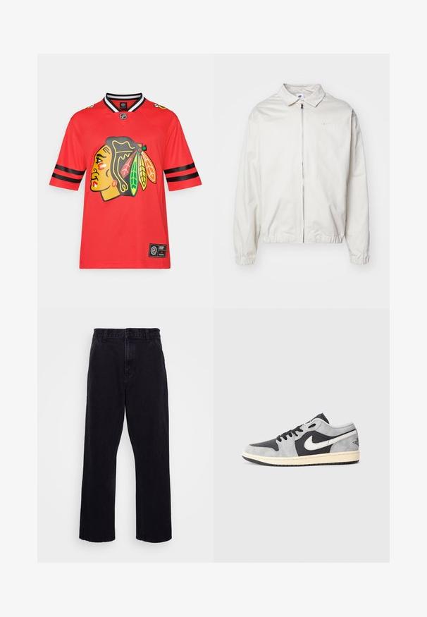 Balta, viegla Nike jaka ar apkakles kaklu, priekšējo rāvējslēdzēju, elastīgām piedurknēm un mazu logotipu kreisajā krūtī. Gluda tekstūra.; Fanatics NHL CHICAGO BLACKHAWKS CORE FOUNDATION - Kluba apģērbs - athletic red/black/white; Melnu džinsu bikses ar taisnu kāju dizainu, ar pogu un rāvējslēdzēju, jostu cilpām un minimālu šuvju detaļām.; Nike Air Jordan 1 Low pelēkā un melnajā zamšā ar baltām akcentiem. Iezīmes ietver mīkstu zoli un klasisko Nike swoosh logotipu.