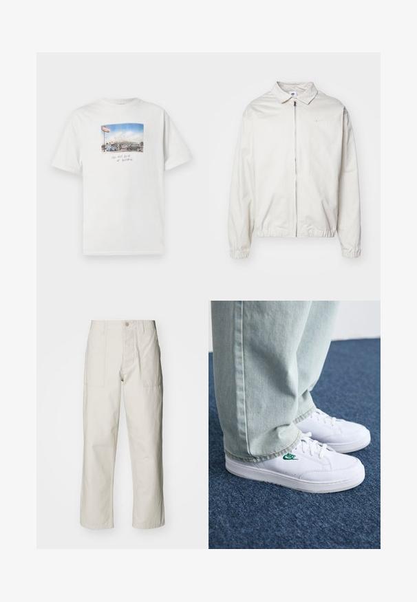 Weiße, leichte Nike-Jacke mit kragenförmigem Ausschnitt, Reißverschluss vorne, elastischen Bündchen und einem kleinen Logo auf der linken Brust. Glatte Textur.; Weißes Baumwoll-T-Shirt mit kurzen Ärmeln, das einen fotografischen Druck einer Autowäsche und handschriftlichen Text unter dem Bild zeigt.; Helle beige weit geschnittene Hose aus Baumwolle. Verfügt über Fronttaschen und einen Knopfverschluss. Glatte Textur mit dezenten vertikalen Streifen.; Weiße Leder-Sneaker mit grünem Nike-Logo, runde Zehenpartie, flache Sohle, kombiniert mit hellblauen Jeans, präsentiert auf einem blauen Teppich.