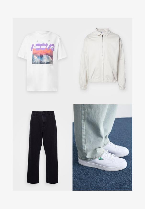 White, lightweight Nike jacket with a collared neckline, front zipper, elastic cuffs, and a small logo on the left chest. Smooth texture.; White cotton t-shirt featuring a colorful cloud graphic, "FLY ABOVE" in purple text, and Nike logo below with the phrase "THERE IS NO LIMIT."; Black denim trousers with a straight leg design, featuring a button and zip closure, belt loops, and minimal stitching details.; White leather sneakers with green Nike logo, round toe, flat sole, paired with light blue denim pants, shown on a blue carpet.