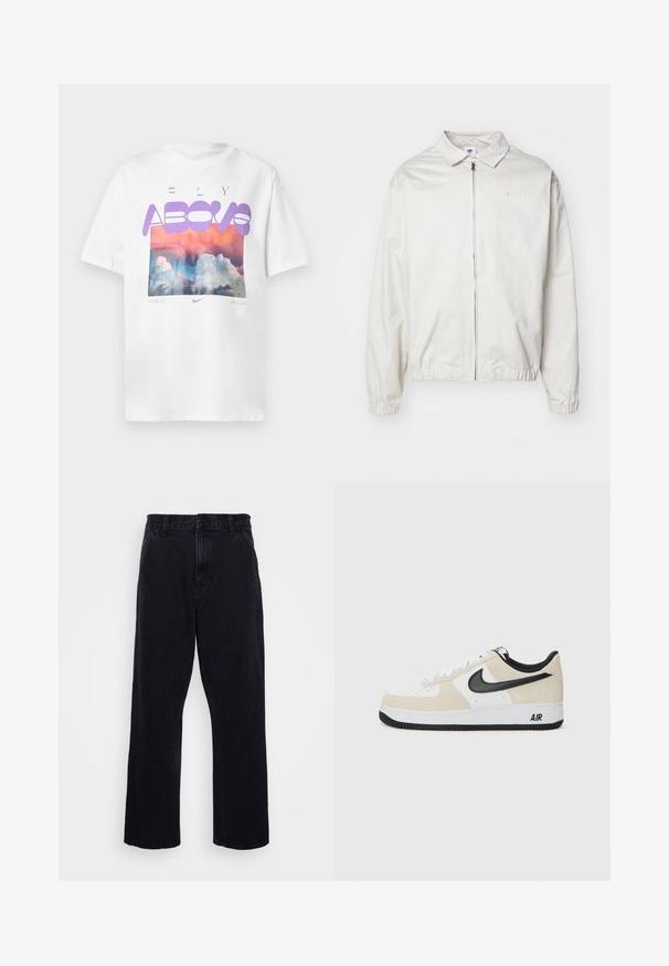 Bijela, lagana Nike jakna s ovratnikom, prednjim patentnim zatvaračem, elastičnim rukavima i malim logom na lijevoj strani prsa. Glatka tekstura.; Bijela pamučna majica s grafikom šarenog oblaka, ljubičastim tekstom "FLY ABOVE" i Nike logotipom ispod s frazom "THERE IS NO LIMIT."; Crne traperice sa ravnim krojem, s gumbom i patentnim zatvaračem, petljama za pojas i minimalnim detaljima šivanja.; Tenisice sa svijetlosmešavom suedinom i bijelim kožnim gornjištem, crnim Nike swoosh-om, crnim detaljima i bijelom gumiranom potplatom s "AIR" brendingom.