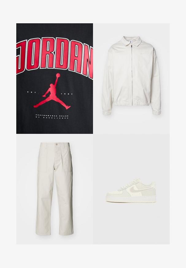 Casaco Nike branco e leve, com gola, fecho frontal, punhos elásticos e um pequeno logótipo no lado esquerdo do peito. Textura suave.; T-shirt preta com texto em vermelho audacioso "JORDAN", silhueta de uma figura a saltar e "EST. 1984" em branco abaixo da imagem.; Calças largas em bege claro, feitas de algodão. Apresentam bolsos frontais e fecho com botão. Textura suave com linhas verticais subtis.; Ténis Nike Air Force 1 brancos com parte superior em pele lisa, detalhes cinza claro, perfurações no bico e sola de borracha texturada.