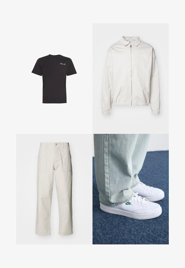 Witte, lichte Nike-jack met een kraag, een rits aan de voorkant, elastische manchetten en een klein logo op de linkerkant van de borst. Glad oppervlak.; Zwart T-shirt met korte mouwen en kleine witte cursieve tekst "Closure Lin" op de linkerborst, effen achtergrond.; Lichtbeige wijde broek van katoen. Voorzien van steekzakken en een knoopsluiting. Glad textuur met subtiele verticale lijnen.; Witte leren sneakers met groen Nike-logo, ronde neus, platte zool, gedragen met lichtblauwe denim broek, weergegeven op een blauwe vloerkleed.