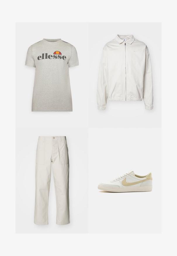 Valge, kerge Nike jakk, milles on krae, ees lukk, elastsed mansetid ja väike logo vasakul rinnal. Sile tekstuur.; Hallux hallitus t-särk, lühikeste varrukatega, hallist puuvillast, ümmarguse kaelusega. Esiküljel on must logo "ellesse" ja värviline aktsent oranžis ja punases toonis logo kohal.; Heledbeez värvi laiad püksid, mis on valmistatud puuvillast. Omavad esi-taskuid ja nupuga sulgemist. Sile tekstuur, millel on õrnad vertikaalsed jooned.; Valge nahast toss, millel on kreemjas valge tall ja heledat beeži tooni aktsendid, samuti tekstuuriga pind. Omab keskel paiknevaid nööre ja silmapaistvat külgmise logo.