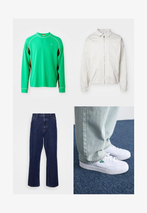 Fehér, könnyű Nike dzseki, galléros nyakkal, elöl cipzárral, elasztikus mandzsettákkal és kis logóval a bal melle részén. Simaszerű textúra.; Hosszú ujjú zöld sportpóló textúrált anyagból, kontrasztos barna oldalsó díszítéssel és fehér varrással a nyaknál és a varratok mentén.; Sötétkék farmernadrág egyenes lábformával, gombos zárással, öt zsebes stílussal és finom varrási részletekkel.; Fehér bőr sportcipők zöld Nike logóval, kerek orral, lapos talppal, világoskék farmernadrággal párosítva, kék szőnyegen bemutatva.