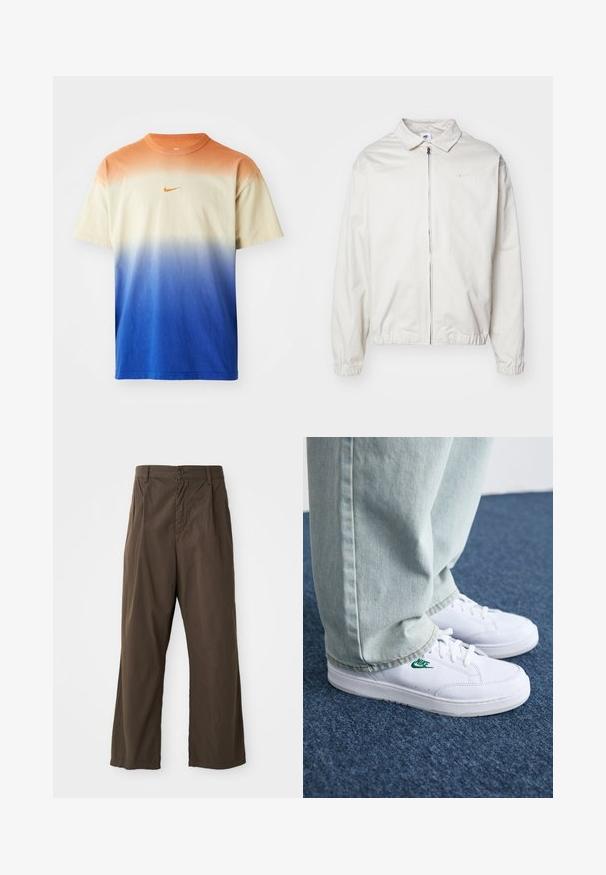 Biała, lekka kurtka Nike z kołnierzykiem, zamek błyskawiczny z przodu, elastycznymi mankietami oraz małym logo na lewej piersi. Gładka faktura.; Bawełniana koszulka z gradientowym wzorem przechodzącym od pomarańczowego do niebieskiego, okrągły dekolt, krótkie rękawy oraz małe pomarańczowe logo na piersi.; Brązowe, szerokie spodnie wykonane z bawełny, z zapięciem na guzik z przodu, szlufkami na pasek oraz gładką, matową fakturą.; Białe skórzane sneakersy z zielonym logo Nike, okrągły czubek, płaska podeszwa, zestawione z jasnoniebieskimi dżinsami, pokazane na niebieskim dywanie.