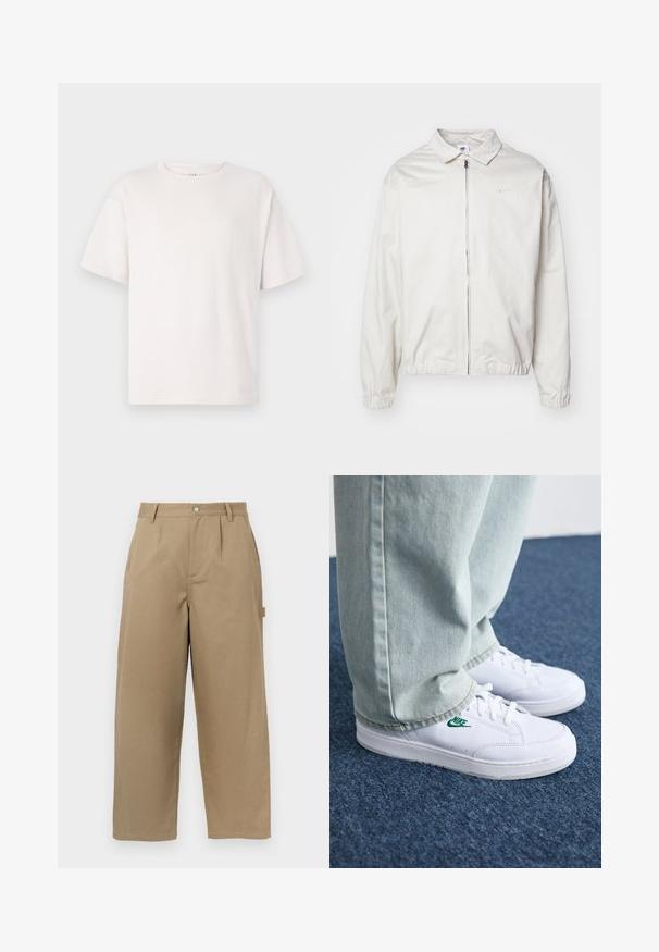 Biała, lekka kurtka Nike z kołnierzykiem, zamek błyskawiczny z przodu, elastycznymi mankietami oraz małym logo na lewej piersi. Gładka faktura.; Biała koszulka z krótkim rękawem wykonana z miękkiej bawełny. Posiada okrągły dekolt i luźny krój. Gładka struktura bez wzorów i akcentów.; Beżowe spodnie o szerokich nogawkach, wykonane z mieszanki bawełny, z wysokim stanem, fałdami z przodu oraz dwoma bocznymi kieszeniami zapinanymi na guziki.; Białe skórzane sneakersy z zielonym logo Nike, okrągły czubek, płaska podeszwa, zestawione z jasnoniebieskimi dżinsami, pokazane na niebieskim dywanie.