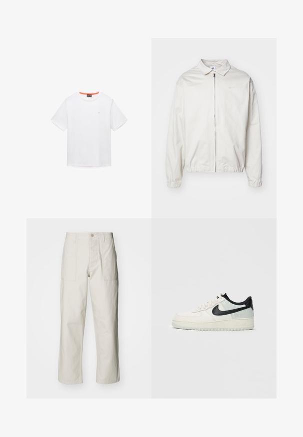 Weiße, leichte Nike-Jacke mit kragenförmigem Ausschnitt, Reißverschluss vorne, elastischen Bündchen und einem kleinen Logo auf der linken Brust. Glatte Textur.; Weißes Baumwoll-T-Shirt mit rundem Ausschnitt, kurzen Ärmeln und kleinem Logo auf der Brust. Mit kontrastierendem orangem Besatz innen am Kragen.; Helle beige weit geschnittene Hose aus Baumwolle. Verfügt über Fronttaschen und einen Knopfverschluss. Glatte Textur mit dezenten vertikalen Streifen.; Niedrig geschnittener Nike Air Force 1 Sneaker in Creme und Hellgrau mit schwarzem Swoosh und Gore-Tex-Logo vor weißem Hintergrund.