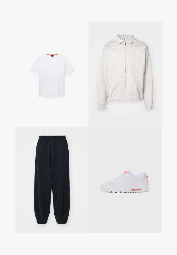 Valge, kerge Nike jakk, milles on krae, ees lukk, elastsed mansetid ja väike logo vasakul rinnal. Sile tekstuur.; Valge puuvillane T-särk ümmarguse kaelusega, lühikeste varrukatega ja väikese logoga rinnal. Kaelusel on kontrastset oranži ääristust.; Mustade elastse vöökoha ja laia lõikega dressipüksid, mansetiga sääred, sile tekstuur ning ilma nähtavate mustrite või detailideta.; Valged spordijalatsid, millel on sile pealis, seotud lipsud, pehmendusega tallad ja nähtav õhükamber, mille brändimisel on punased aktsendid.