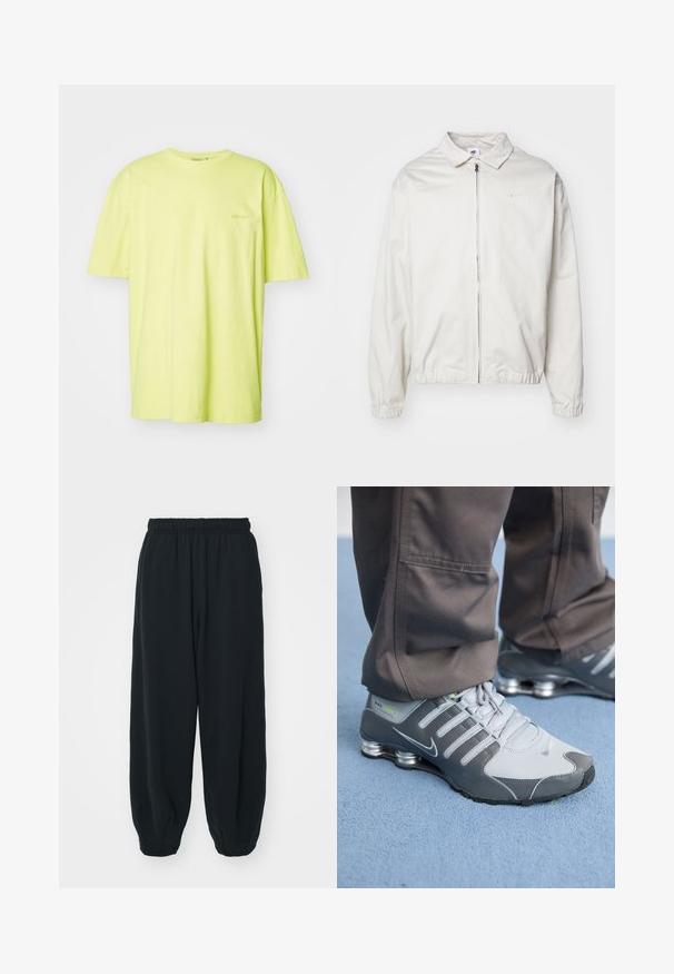 Hvid, letvægts Nike-jakke med kravehals, lynlås foran, elastiske ærmer og et lille logo på venstre bryst. Glat tekstur.; Kortærmet t-shirt i lys gul bomuld med rund halsudskæring og et diskret logo på venstre bryst. Glat tekstur, afslappet pasform.; Sorte svedbukser med elastisk talje, løs pasform, afsluttede ankler, glat tekstur og uden synlige mønstre eller hardware-detaljer.; Grå og sølv Nike Shox sneakers har et slankt design med mesh og syntetiske materialer, en rund tå og en polstret krave.