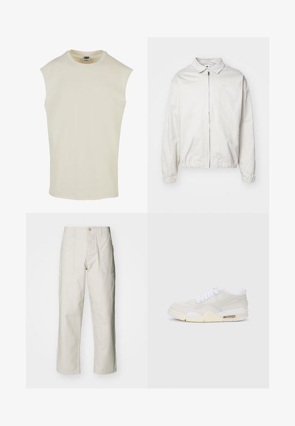 Veste Nike blanche et légère avec un col, fermeture éclair à l'avant, poignets élastiques et un petit logo sur la poitrine gauche. Texture lisse.; Haut sans manches en coton beige avec un col rond et un ourlet arrondi. Texture lisse, design minimaliste, sans motifs ni ornements.; Pantalons larges beige clair en coton. Dotés de poches avant et d'une fermeture à bouton. Texture lisse avec de légères lignes verticales.; Baskets avec une tige synthétique beige clair, des lacets blancs et un amorti visible. Présentent une semelle lisse et des accents latéraux subtils.