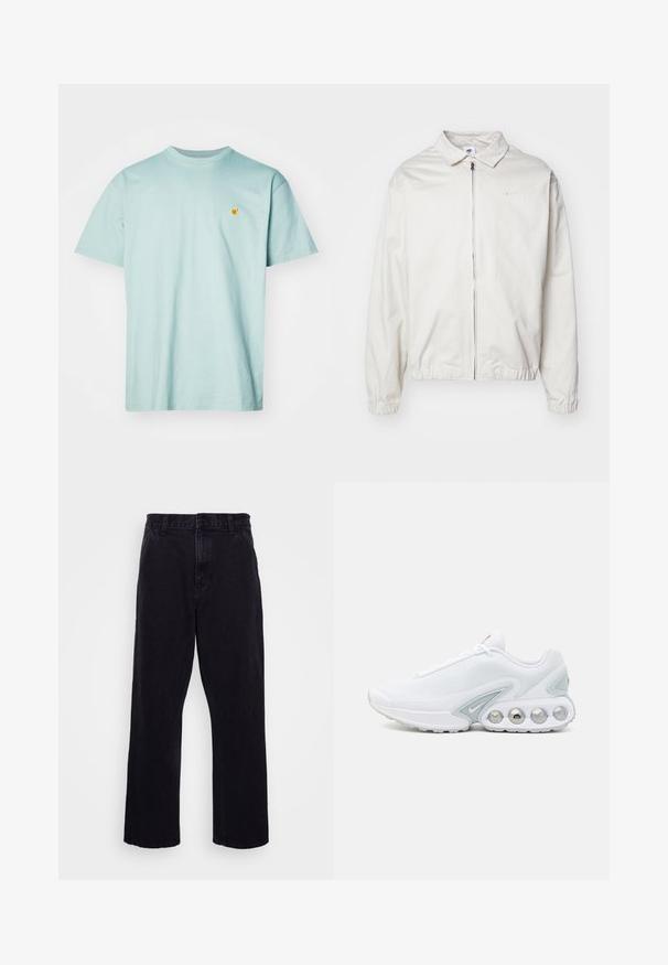 Weiße, leichte Nike-Jacke mit kragenförmigem Ausschnitt, Reißverschluss vorne, elastischen Bündchen und einem kleinen Logo auf der linken Brust. Glatte Textur.; Carhartt WIP CHASE - T-Shirt basic - frosted green/gold; Schwarze Jeanshose mit geradem Bein, ausgestattet mit einem Knopf- und Reißverschluss, Gürtelschlaufen und minimalen Nähdetails.; Weißer Mesh-Sneaker mit grauen Akzenten, runder Zehenpartie und sichtbarem, gepolstertem Schuhsohlenbereich mit runden Luftpolstern und Markenlogo.