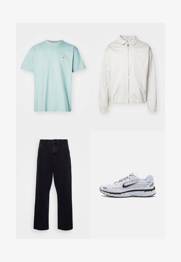 Bela, lahka Nike jakna z ovratnikom, sprednjim zadrgo, elastičnimi manšetami in majhnim logotipom na levem prsnem delu. Gladka tekstura.; Carhartt WIP CHASE - Navadna majica - frosted green/gold; Črne denim hlače s ravnim krojem, z gumbom in zadrgo, pasom za obleko ter minimalnimi šivi.; Bela tekaška obuvala z mrežastim zgornjim delom, zaobljenim prstom, črnimi detajli in vzorčnim podplatom. Ima vezalke in blagovno znamko na strani.