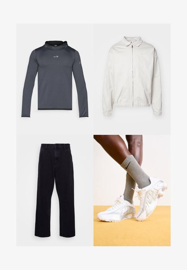 Biała, lekka kurtka Nike z kołnierzykiem, zamek błyskawiczny z przodu, elastycznymi mankietami oraz małym logo na lewej piersi. Gładka faktura.; Endless - Bluzka z długim rękawem; Czarne dżinsowe spodnie o prostym kroju, z zapięciem na guzik i zamek błyskawiczny, szlufkami na pasek oraz minimalnymi detalami w szwach.; Białe sneakersy Nike z srebrnymi akcentami, z teksturowanymi panelami i perforacjami. Połączone z szarymi skarpetami o prążkowanej strukturze, na żółtym tle.