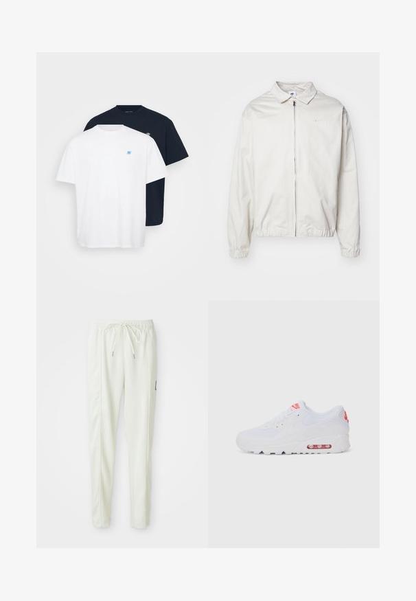 Fehér, könnyű Nike dzseki, galléros nyakkal, elöl cipzárral, elasztikus mandzsettákkal és kis logóval a bal melle részén. Simaszerű textúra.; Két póló: az egyik fehér, kis kék logóval, a másik tengerészkék, azzal összhangban lévő logóval. Mindkettő pamutból készült, környakú és rövid ujjú.; Fehér, slim fit szabású sportnadrág, elasztikus derékkal és húzózsinórral, oldalsó varrás részletekkel és egy kis fekete folttal a jobb lábon.; Fehér sportcipő, sima felsőrésszel, fűzős zárással, párnázott talppal és látható légpárnával, piros részletekkel a logón.
