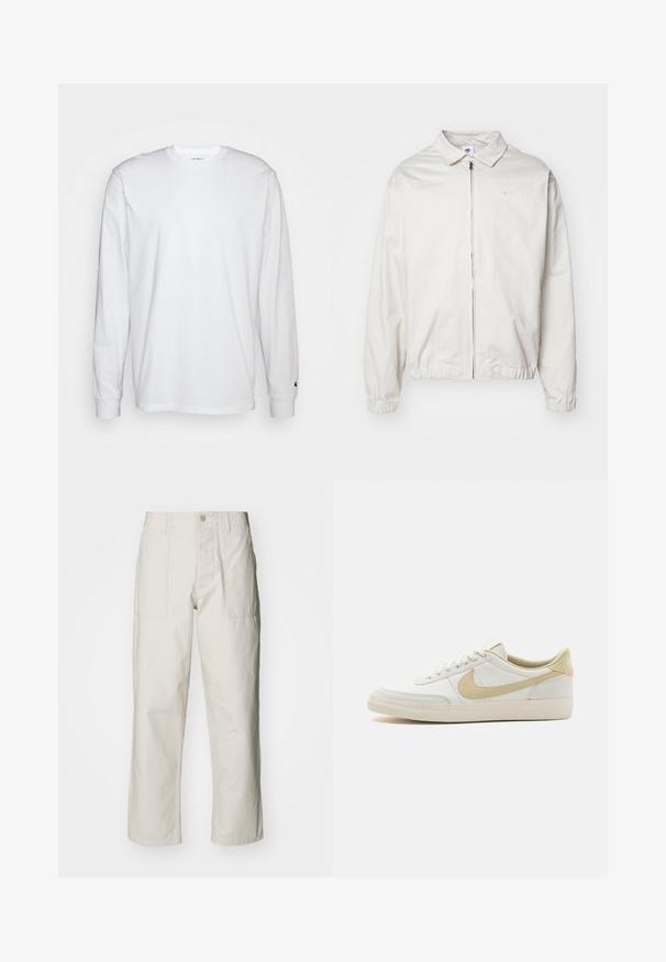 Weiße, leichte Nike-Jacke mit kragenförmigem Ausschnitt, Reißverschluss vorne, elastischen Bündchen und einem kleinen Logo auf der linken Brust. Glatte Textur.; Weißes Langarm-T-Shirt aus Baumwolle. Rundhals-Design mit gerippten Bündchen und kleinem Logo auf dem linken Ärmel. Glatte Textur.; Helle beige weit geschnittene Hose aus Baumwolle. Verfügt über Fronttaschen und einen Knopfverschluss. Glatte Textur mit dezenten vertikalen Streifen.; Weiße Leder-Sneaker mit cremefarbener Sohle, hellbeigen Akzenten und strukturierter Oberfläche. Verfügt über eine zentrale Schnürung und ein auffälliges Seitenlogo.