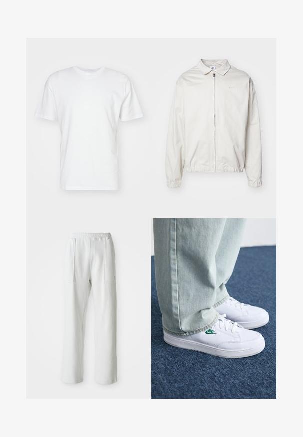 Fehér, könnyű Nike dzseki, galléros nyakkal, elöl cipzárral, elasztikus mandzsettákkal és kis logóval a bal melle részén. Simaszerű textúra.; Fehér pamut póló rövid ujjakkal, kerek nyakkivágással és sima textúrával. Egyszerű dizájn, minták vagy grafikák nélkül.; Fehér, laza nadrág, elasztikus derékpánttal és nagy elülső zsebekkel, egy egyszerű, világos háttéren kiemelve.; Fehér bőr sportcipők zöld Nike logóval, kerek orral, lapos talppal, világoskék farmernadrággal párosítva, kék szőnyegen bemutatva.