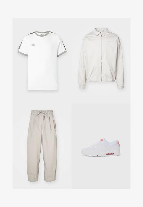 Valge, kerge Nike jakk, milles on krae, ees lukk, elastsed mansetid ja väike logo vasakul rinnal. Sile tekstuur.; Valge lühikeste varrukatega T-särk halli kaeluse ja varrukaotstega, must ja hall triibuline muster varrukatel, ning Umbro logo rinnal.; Beeži, kerged püksid elastse vöökoha ja nööriga. Omavad voldikuid ja laia istuvust, valmistatud pehmest, siledast kangast.; Valged spordijalatsid, millel on sile pealis, seotud lipsud, pehmendusega tallad ja nähtav õhükamber, mille brändimisel on punased aktsendid.