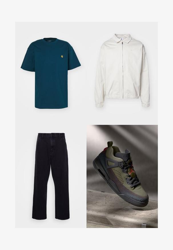 White, lightweight Nike jacket with a collared neckline, front zipper, elastic cuffs, and a small logo on the left chest. Smooth texture.; Carhartt WIP CHASE - Basic T-shirt - duck blue/gold; Black denim trousers with a straight leg design, featuring a button and zip closure, belt loops, and minimal stitching details.; Olive green sneaker with a dark brown side panel, grey mesh accents, black textured sole, and red logo details. Features thick laces and a padded collar.