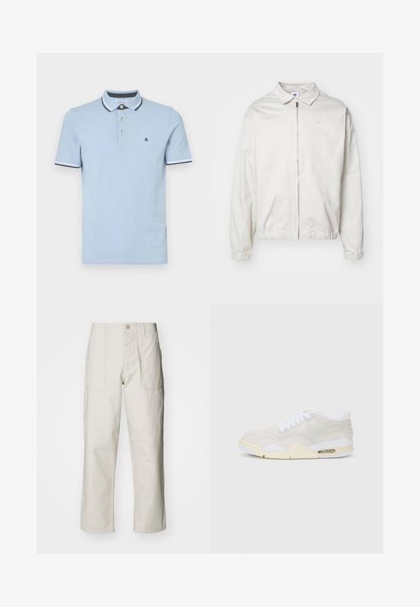 Giacca Nike bianca, leggera, con colletto, zip frontale, polsini elasticizzati e un piccolo logo sul lato sinistro del petto. Texture liscia.; Polo di colore azzurro chiaro realizzato in cotone, con colletto a tre bottoni, colletto a contrasto e polsini a costine con accenti blu scuro.; Pantaloni a gamba larga beige chiaro in cotone. Presentano tasche frontali e chiusura con bottone. Tessuto liscio con sottili linee verticali.; Sneaker con una toma superiore sintetica beige chiaro, lacci bianchi e ammortizzazione visibile. Presenta una suola liscia e accenti laterali discreti.