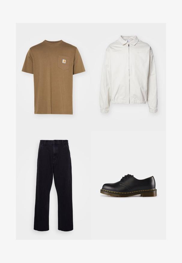 Bílá, lehká bunda Nike s límečkem, předním zipem, elastickými manžetami a malým logem na levé hrudi. Hladký povrch.; Hnědý bavlněný tričko s kulatým výstřihem a krátkým rukávem. Obsahuje kapsu na levé hrudi s bílou štítkovou logem. Hladká textura.; Černé denimové kalhoty s rovnými nohavicemi, které mají zapínání na knoflík a zip, poutka na pásek a minimální detaily šití.; Černá kožená bota s kulatou špičkou, šněrovacím designem, žlutým prošíváním podél podrážky a chunky, texturovanou gumovou podrážkou.