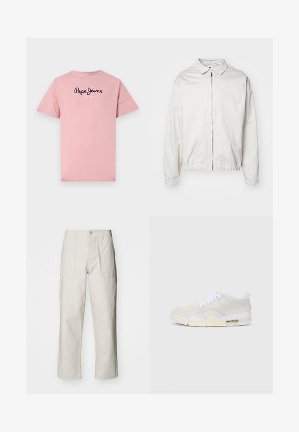 Balta, lengva Nike striukė su apykakle, priekiniais užtrauktuku, elastingomis rankogaliais ir maža logotipu kairiajame krūtinės kampe. Lygus paviršius.; Rožinė medvilninė marškinė su trumpomis rankovėmis, ant krūtinės su užrašu "Pepe Jeans LONDON" tamsiai mėlynu kursyvu. Paprastas apvalus iškirpimas.; Šviesiai pilki plačius kelnes, pagamintas iš medvilnės. Yra priekinės kišenės ir mygtuko uždarymas. Lygus paviršius su subtiliomis vertikaliomis linijomis.; Batai sportiniai su šviesiai smėline sintetine apdaila, baltais raišteliais ir matoma amortizacija. Ypatybių sąraše – lygus padas ir subtilūs šoninės detalės.