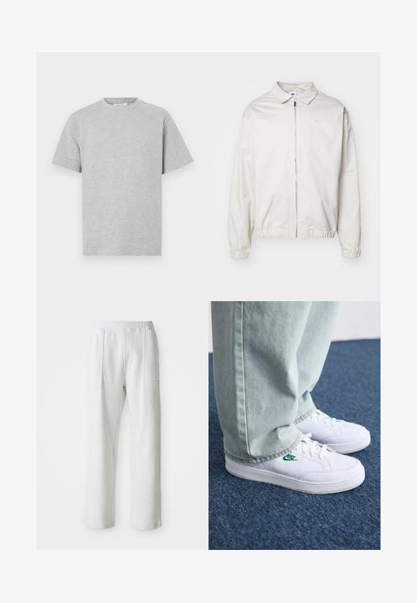 Weiße, leichte Nike-Jacke mit kragenförmigem Ausschnitt, Reißverschluss vorne, elastischen Bündchen und einem kleinen Logo auf der linken Brust. Glatte Textur.; Graues Baumwoll-T-Shirt mit Rundhalsausschnitt, kurzen Ärmeln und lockerer Passform. Glatte Textur ohne sichtbare Muster oder Akzente.; Weiße Freizeithose mit elastischem Bund und großen, vorderen Taschen, auf einem schlichten, hellen Hintergrund dargestellt.; Weiße Leder-Sneaker mit grünem Nike-Logo, runde Zehenpartie, flache Sohle, kombiniert mit hellblauen Jeans, präsentiert auf einem blauen Teppich.