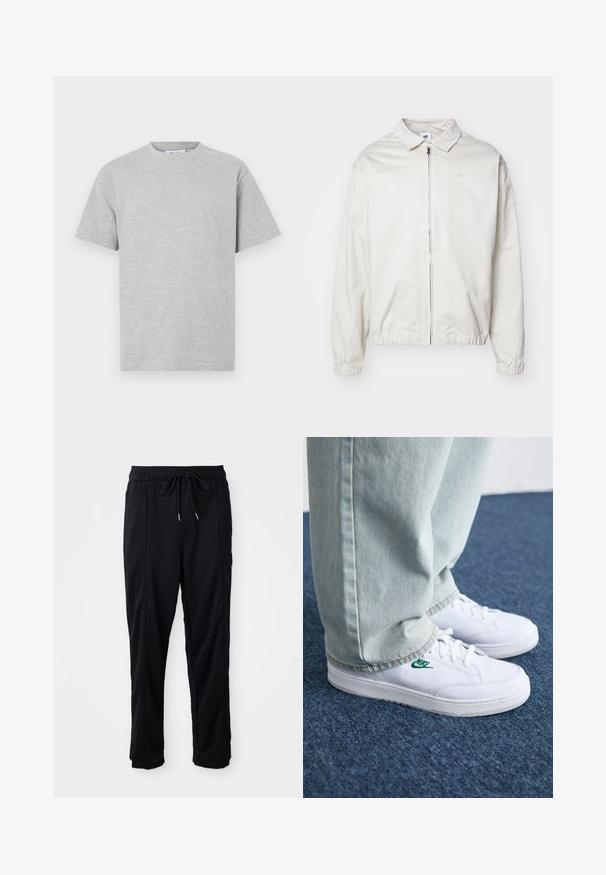 White, lightweight Nike jacket with a collared neckline, front zipper, elastic cuffs, and a small logo on the left chest. Smooth texture.; Gray cotton T-shirt with a crew neckline, short sleeves, and a relaxed fit. Smooth texture with no visible patterns or accents.; Black drawstring waist casual pants with side seam pockets and straight leg cut on a plain background.; White leather sneakers with green Nike logo, round toe, flat sole, paired with light blue denim pants, shown on a blue carpet.