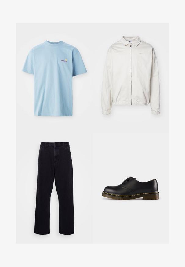 White, lightweight Nike jacket with a collared neckline, front zipper, elastic cuffs, and a small logo on the left chest. Smooth texture.; Light blue, short-sleeve t-shirt made of cotton, featuring a round neck and a small multicolored Carhartt logo on the left chest.; Black denim trousers with a straight leg design, featuring a button and zip closure, belt loops, and minimal stitching details.; Black leather shoe with rounded toe, lace-up design, yellow stitching along the sole, and a chunky, textured rubber outsole.