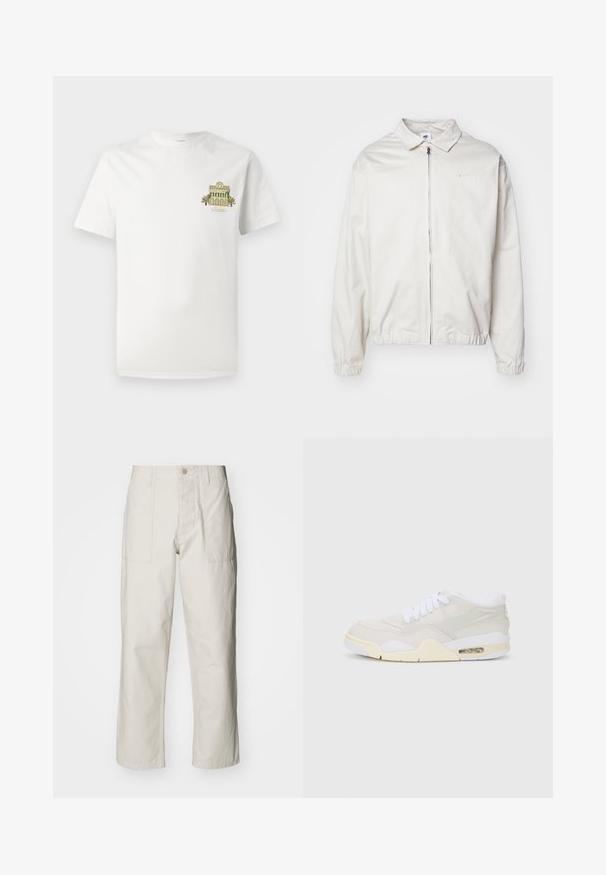 White, lightweight Nike jacket with a collared neckline, front zipper, elastic cuffs, and a small logo on the left chest. Smooth texture.; White cotton t-shirt featuring a small embroidered design of a building with palm trees. Short sleeves and crew neckline.; Light beige wide-leg pants made of cotton. Features front pockets and a button closure. Smooth texture with subtle vertical lines.; Sneakers with a light beige synthetic upper, white laces, and visible cushioning. Features a smooth sole and subtle side accents.