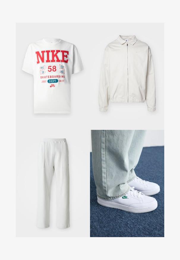 Casaco Nike branco e leve, com gola, fecho frontal, punhos elásticos e um pequeno logótipo no lado esquerdo do peito. Textura suave.; T-shirt de algodão branca com texto gráfico em vermelho e azul em destaque: "NIKE 58 EST 2002 SKATEBOARDING JUST DEPT. DO IT" e detalhes do logo.; Calças brancas casuais com um cós elástico e grandes bolsos frontais, exibidas sobre um fundo claro e liso.; Tênis de couro brancos com logo verde da Nike, bico redondo, sola plana, combinados com calças de denim azul claro, exibidos sobre um tapete azul.