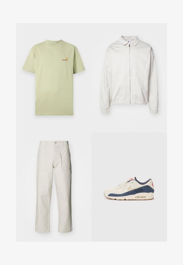 Weiße, leichte Nike-Jacke mit kragenförmigem Ausschnitt, Reißverschluss vorne, elastischen Bündchen und einem kleinen Logo auf der linken Brust. Glatte Textur.; Hellgrünes Baumwoll-T-Shirt mit kurzen Ärmeln und Rundhalsausschnitt. Enthält ein kleines orange-rotes Logo im oberen linken Brustbereich.; Helle beige weit geschnittene Hose aus Baumwolle. Verfügt über Fronttaschen und einen Knopfverschluss. Glatte Textur mit dezenten vertikalen Streifen.; Sneaker mit einem Obermaterial aus cremefarbenem Leder und marineblauem Wildleder, sichtbar luftgefüllter Sohle, beiger Gummisohle und rotem Akzent an der Ferse.