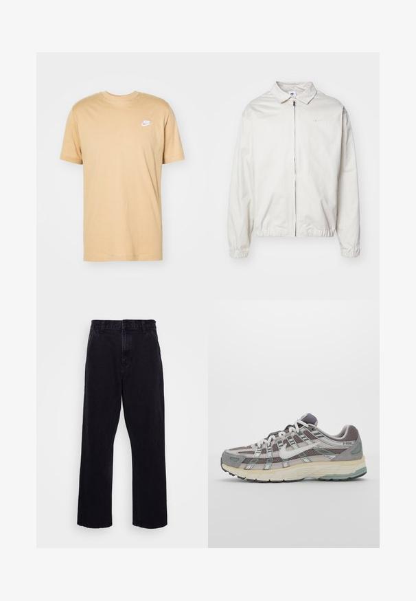 Casaco Nike branco e leve, com gola, fecho frontal, punhos elásticos e um pequeno logótipo no lado esquerdo do peito. Textura suave.; T-shirt de algodão cor de tabaco com decote redondo, mangas curtas e um logo branco da Nike no lado esquerdo do peito. Textura suave, design casual.; Calças de denim pretas com um design de perna reta, apresentando um fecho de botão e zíper, passantes para cinto e detalhes de costura mínimos.; Sapatilha atlética cinza com parte superior em malha e camurça, detalhes brancos, sola acolchoada e um design distinto com elementos refletivos.