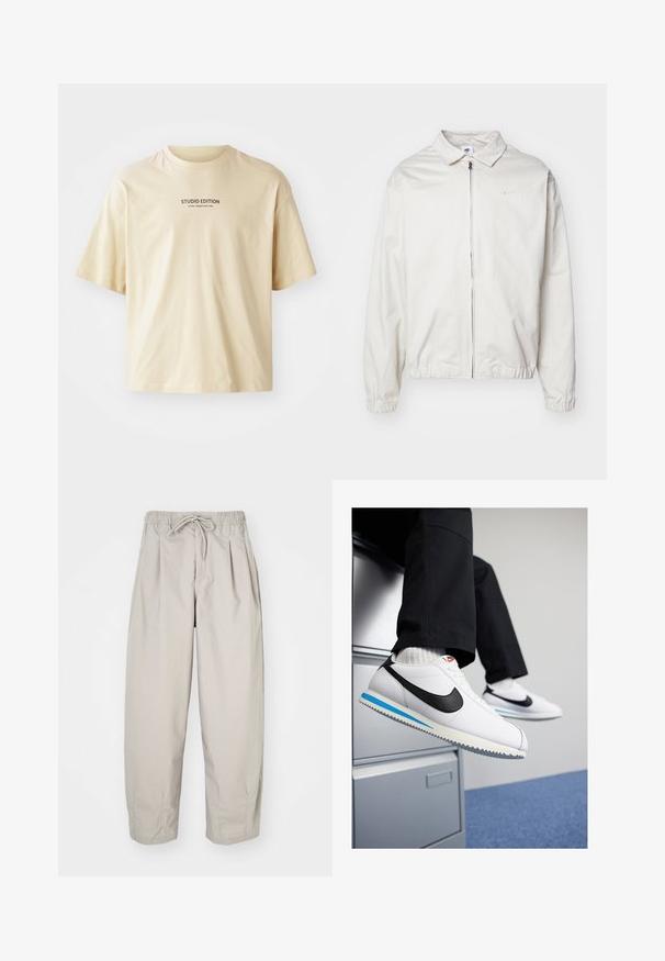 Chaqueta blanca y ligera de Nike con cuello tipo camisa, cremallera frontal, puños elásticos y un pequeño logotipo en el lado izquierdo del pecho. Textura suave.; Camiseta de algodón beige con cuello redondo, mangas cortas y el texto "STUDIO EDITION" en impresión negra en el pecho.; Pantalones ligeros color beige con cintura elástica y cordón de ajuste. Presentan pliegues y un corte holgado, elaborados con una tela suave y lisa.; Zapatillas blancas de cuero con un swoosh negro de Nike, suela de goma en azul claro y gris, y un diseño clásico de cordones. Pies apoyados en un archivero.