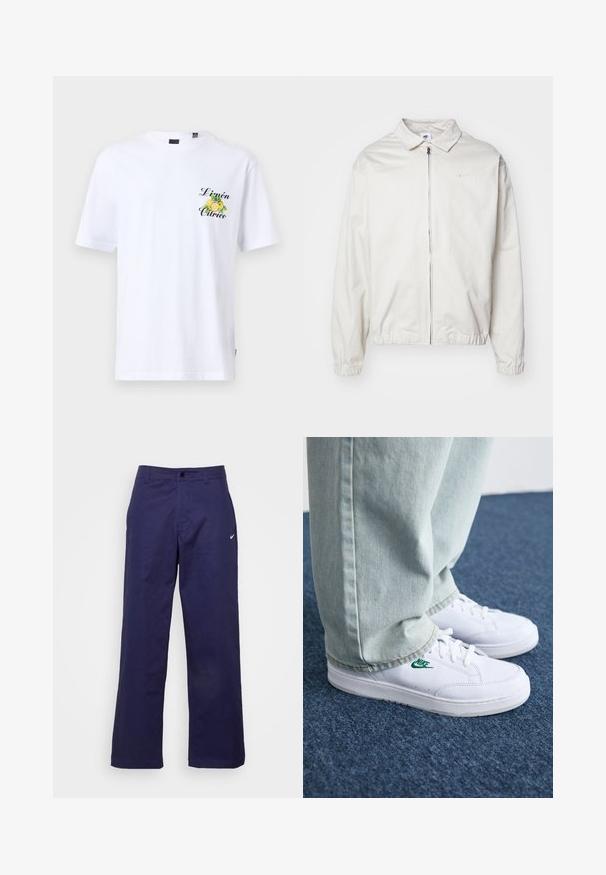 Chaqueta blanca y ligera de Nike con cuello tipo camisa, cremallera frontal, puños elásticos y un pequeño logotipo en el lado izquierdo del pecho. Textura suave.; Camiseta blanca de algodón con mangas cortas, que presenta un gráfico de limón en verde y amarillo con "Limón Cítrico" impreso en negro en el pecho.; Nike Sportswear PANT - Pantalones - midnight navy/(white); Zapatillas de cuero blanco con logo de Nike verde, puntera redonda, suela plana, combinadas con pantalones de mezclilla azul claro, sobre una alfombra azul.