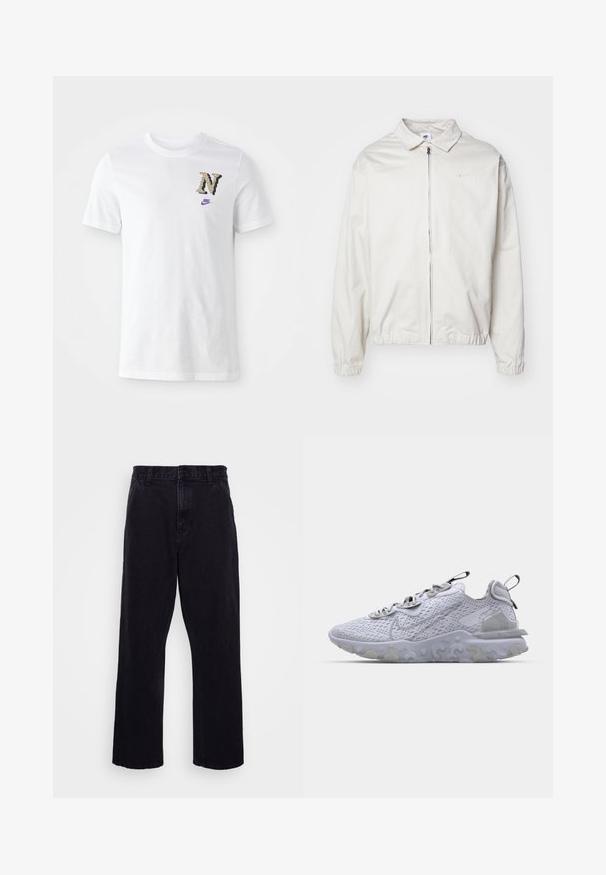 Casaco Nike branco e leve, com gola, fecho frontal, punhos elásticos e um pequeno logótipo no lado esquerdo do peito. Textura suave.; T-shirt branca em algodão com um logo "N" em padrão camuflado e um pequeno swoosh roxo da Nike no peito. Design clássico de gola redonda.; Calças de denim pretas com um design de perna reta, apresentando um fecho de botão e zíper, passantes para cinto e detalhes de costura mínimos.; Shoe atlético cinza claro com um cabedal em malha respirável, sola de borracha texturizada e detalhes refletivos. Apresenta um colarinho almofadado e um design de atacadores.