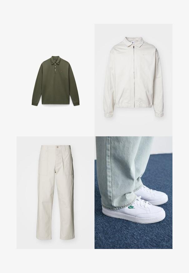Casaco Nike branco e leve, com gola, fecho frontal, punhos elásticos e um pequeno logótipo no lado esquerdo do peito. Textura suave.; Polo de manga longa verde oliva feito de algodão, com uma pala de três botões, punhos canelados e um pequeno logotipo bordado no peito.; Calças largas em bege claro, feitas de algodão. Apresentam bolsos frontais e fecho com botão. Textura suave com linhas verticais subtis.; Tênis de couro brancos com logo verde da Nike, bico redondo, sola plana, combinados com calças de denim azul claro, exibidos sobre um tapete azul.