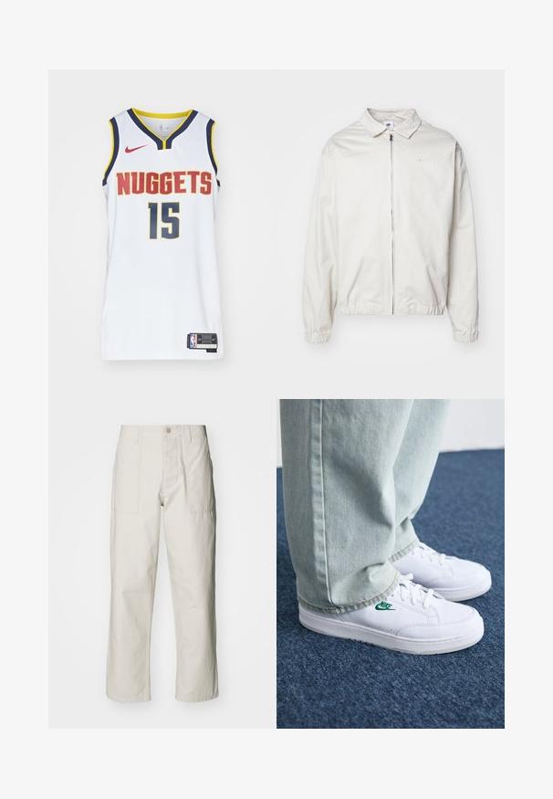 Fehér, könnyű Nike dzseki, galléros nyakkal, elöl cipzárral, elasztikus mandzsettákkal és kis logóval a bal melle részén. Simaszerű textúra.; Fehér kosárlabda mez, amelyen a "NUGGETS" felirat piros és kék színben, a 15-ös szám szürkében, sárga kiegészítőkkel és Nike logóval látható. Hálós szövet textúra.; Világos bézs, bő szárú nadrág, pamutból készült. Elöl zsebekkel és gombos záródással rendelkezik. Simított textúrájú, finom függőleges csíkokkal.; Fehér bőr sportcipők zöld Nike logóval, kerek orral, lapos talppal, világoskék farmernadrággal párosítva, kék szőnyegen bemutatva.